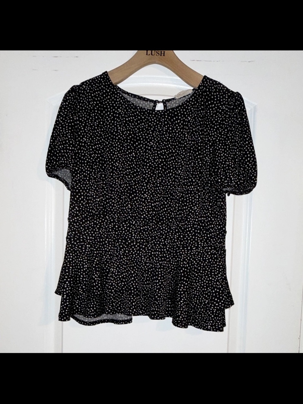 meraki Black and White Polka Dot Peplum Puff Sleeve Blouse